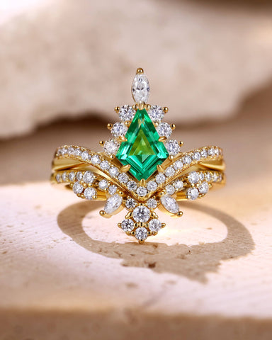 TATIANA Kite Shaped Emerald Bridal Ring Set Moissanite Lacey Band Wedding Set