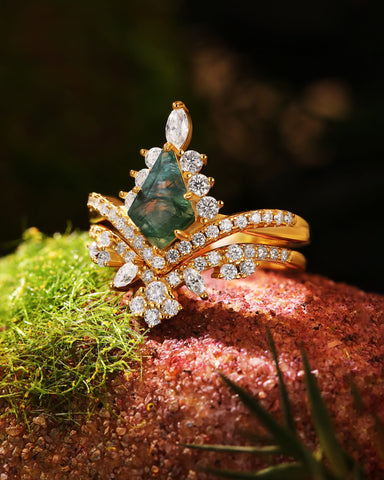 CEDRELLA Unique Art Deco Curved Halo Wedding Ring Kite Cut Moss Agate Engagement Ring set
