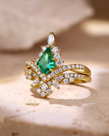 TATIANA Kite Shaped Emerald Bridal Ring Set Moissanite Lacey Band Wedding Set