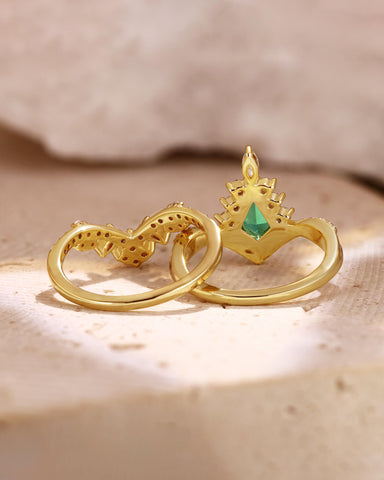 TATIANA Kite Shaped Emerald Bridal Ring Set Moissanite Lacey Band Wedding Set