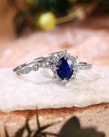 NEOMA Vintage Halo Oval Shaped Sapphire Bridal Set 2pcs