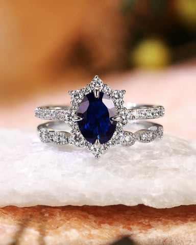 NEOMA Vintage Halo Oval Shaped Sapphire Bridal Set 2pcs
