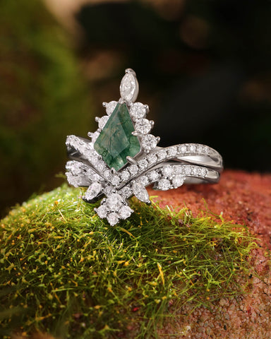 CEDRELLA Unique Art Deco Curved Halo Wedding Ring Kite Cut Moss Agate Engagement Ring set