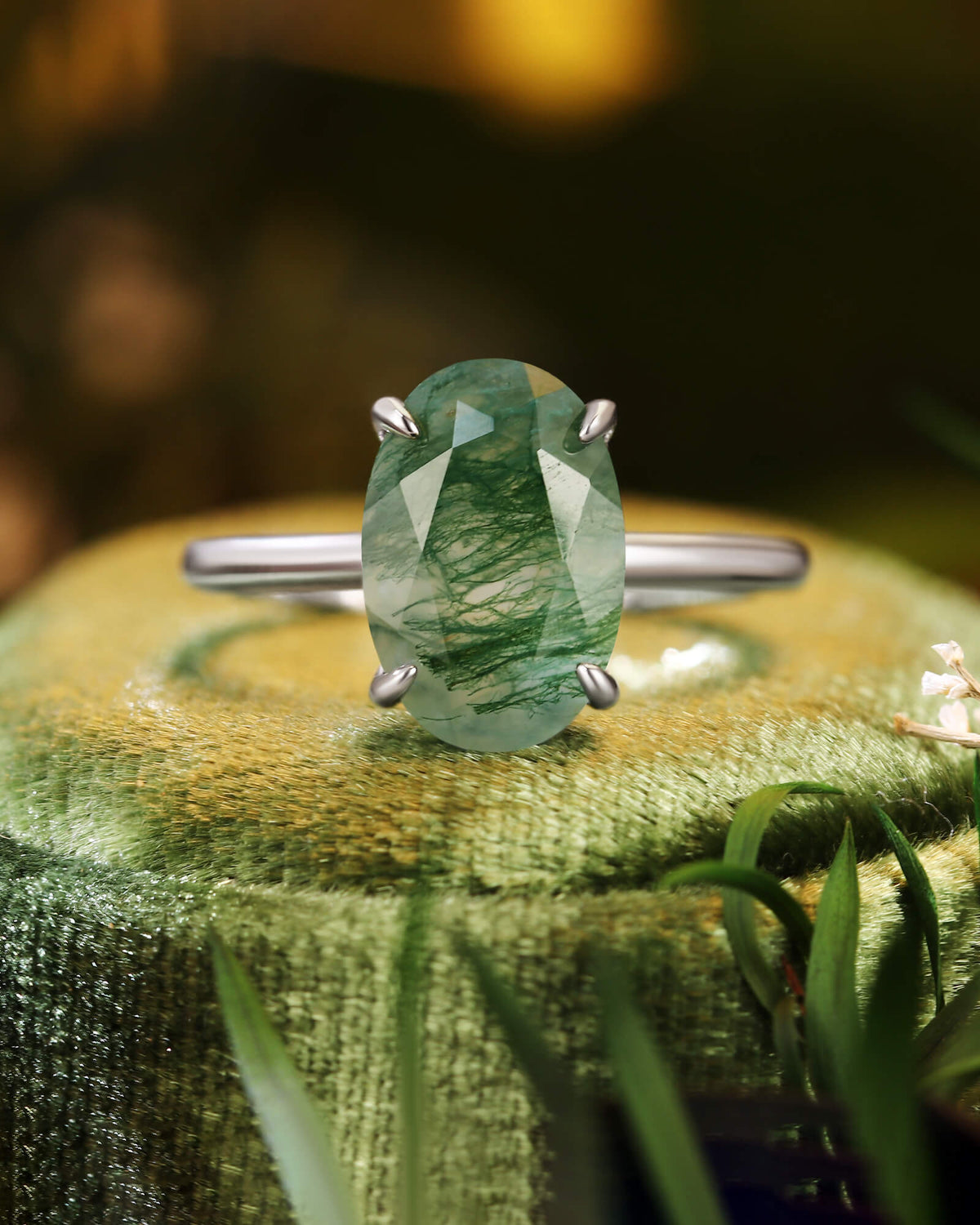LUMENIS Oval Moss Agate Solitaire Engagement Ring
