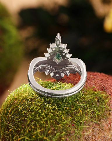 CEDRELLA Unique Art Deco Curved Halo Wedding Ring Kite Cut Moss Agate Engagement Ring set