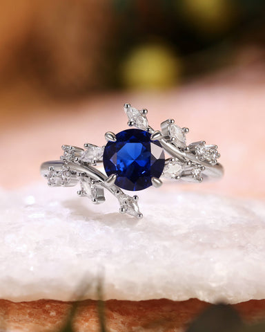 SYLVAINE Nature Inspired Round Cut Sapphire Bypass Leafy Engagement Ring