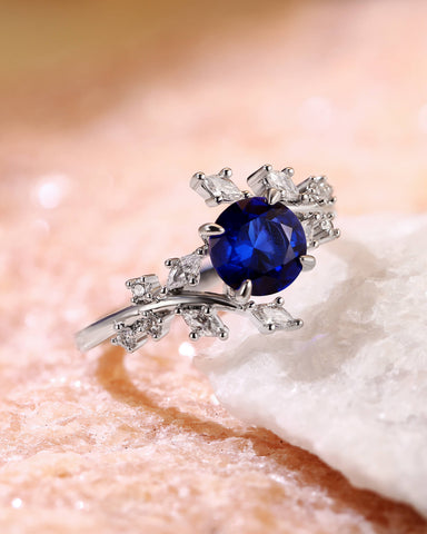 SYLVAINE Nature Inspired Round Cut Sapphire Bypass Leafy Engagement Ring