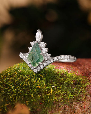 FREYA Unique Art Deco & Halo Kite Cut Moss Agate Engagement Ring