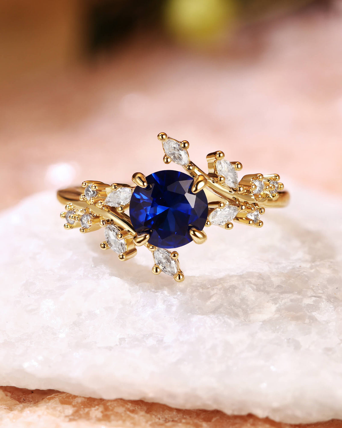 SYLVAINE Nature Inspired Round Cut Sapphire Bypass Leafy Engagement Ring