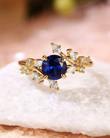 SYLVAINE Nature Inspired Round Cut Sapphire Bypass Leafy Engagement Ring