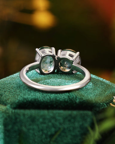 ROSVELN Nature Inspired Round & Oval Cut Moss Agate Toi Et Moi Alternative Engagement Ring