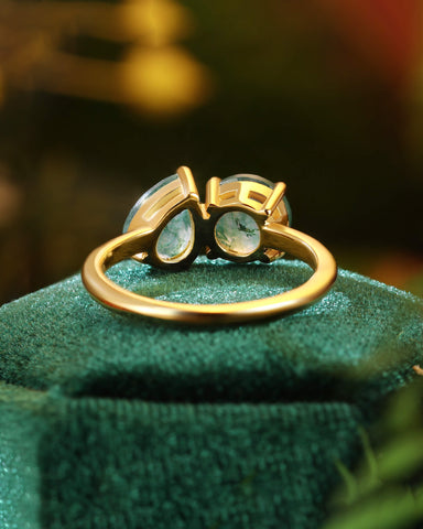 ELRIAN Nature Inspired Toi Et Moi Ring Round & Pear Cut Moss Agate Two Stone Ring