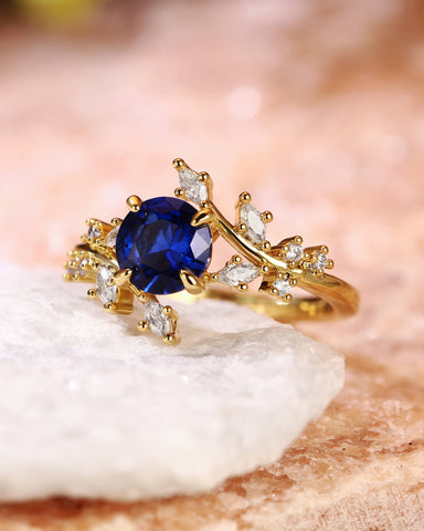 SYLVAINE Nature Inspired Round Cut Sapphire Bypass Leafy Engagement Ring