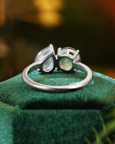ELRIAN Nature Inspired Toi Et Moi Ring Round & Pear Cut Moss Agate Two Stone Ring