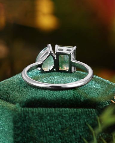 ACACIA Emerald & Pear Shaped Two Stone Ring Unique Moss Agate Toi Et Moi Engagement Ring