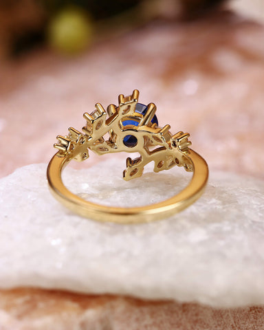 SYLVAINE Nature Inspired Round Cut Sapphire Bypass Leafy Engagement Ring
