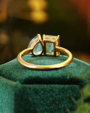 ACACIA Emerald & Pear Shaped Two Stone Ring Unique Moss Agate Toi Et Moi Engagement Ring