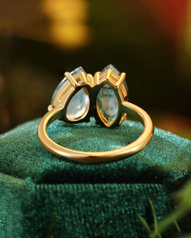 SILAS Marquise & Pear Moss Agate Two Stone Engagement Ring Unique Toi Et Moi Ring