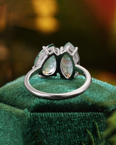 SILAS Marquise & Pear Moss Agate Two Stone Engagement Ring Unique Toi Et Moi Ring