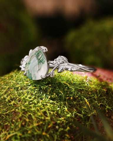 GROVENA Nature Inspired Pear Cut Moss Agate Leafy Engagement Ring