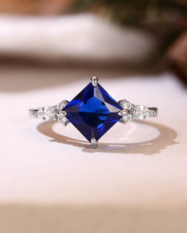 CECELIA Blue Sapphire Princess Cut Cluster Engagement Ring