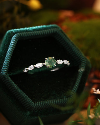 ONA Round Shaped Moss Agate Marquise Engagement Ring