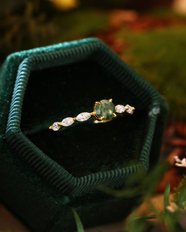 ONA Round Shaped Moss Agate Marquise Engagement Ring