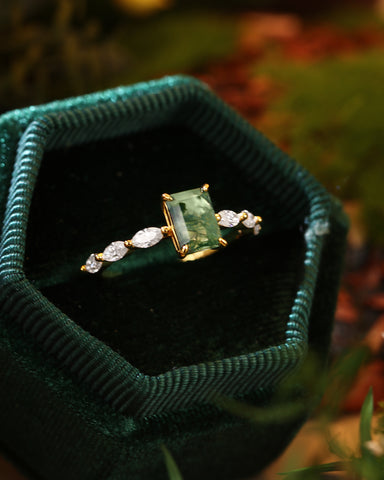 PEYTON Emerald Cut Moss Agate Promise Ring With Marquise Accents