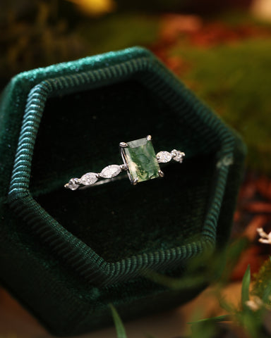 PEYTON Emerald Cut Moss Agate Promise Ring With Marquise Accents