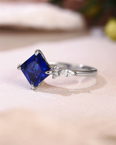 CECELIA Blue Sapphire Princess Cut Cluster Engagement Ring