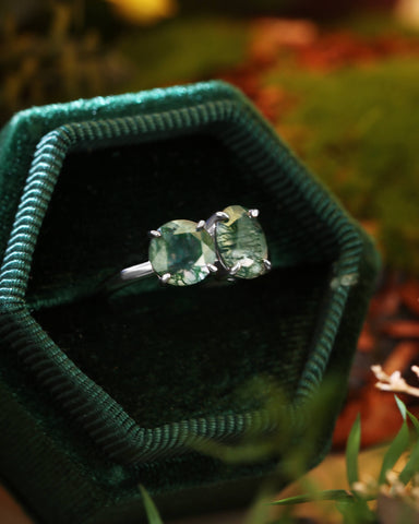 ROSVELN Nature Inspired Round & Oval Cut Moss Agate Toi Et Moi Alternative Engagement Ring