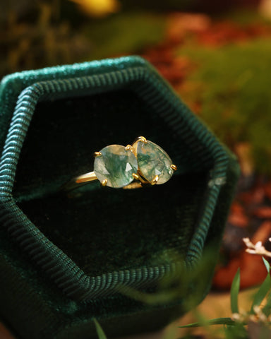 ELRIAN Nature Inspired Toi Et Moi Ring Round & Pear Cut Moss Agate Two Stone Ring
