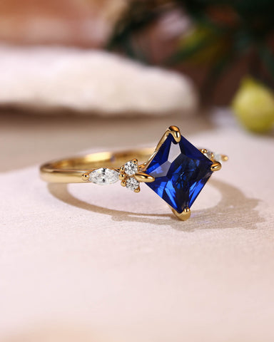 CECELIA Blue Sapphire Princess Cut Cluster Engagement Ring