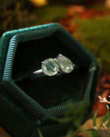 ELRIAN Nature Inspired Toi Et Moi Ring Round & Pear Cut Moss Agate Two Stone Ring