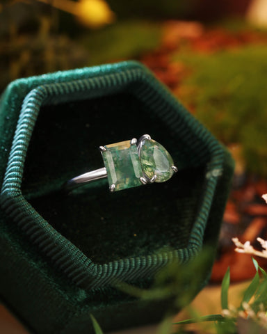 ACACIA Emerald & Pear Shaped Two Stone Ring Unique Moss Agate Toi Et Moi Engagement Ring