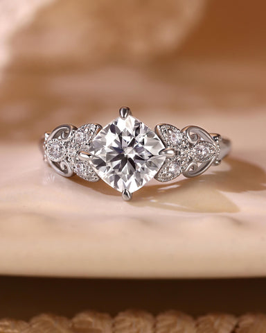 ROYAL Leaf Nature Inspired Cushion Cut Moissanite Engagement Ring