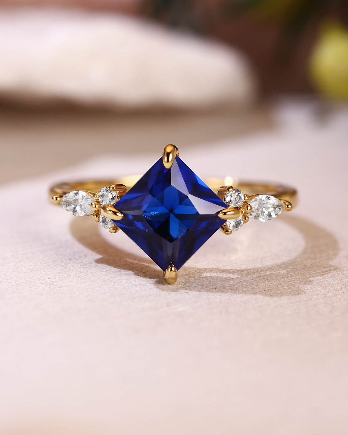 CECELIA Blue Sapphire Princess Cut Cluster Engagement Ring