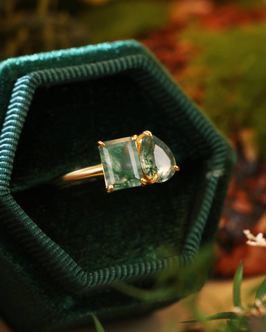 ACACIA Emerald & Pear Shaped Two Stone Ring Unique Moss Agate Toi Et Moi Engagement Ring