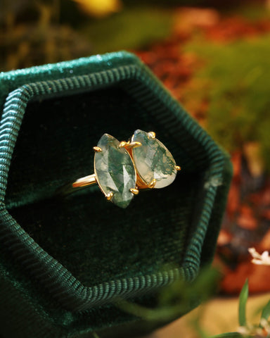 SILAS Marquise & Pear Moss Agate Two Stone Engagement Ring Unique Toi Et Moi Ring