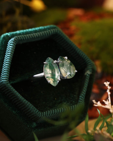 SILAS Marquise & Pear Moss Agate Two Stone Engagement Ring Unique Toi Et Moi Ring