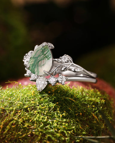 LINSORO Pear Cut Moss Agate and Moissanite Wedding Ring Set Nature Inspired Bridal Ring Set