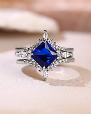 CECELIA Blue Sapphire Princess Cut Cluster Bridal Set 3pcs