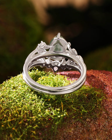LINSORO Pear Cut Moss Agate and Moissanite Wedding Ring Set Nature Inspired Bridal Ring Set