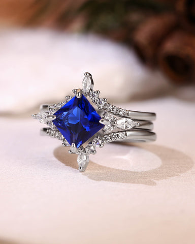 CECELIA Blue Sapphire Princess Cut Cluster Bridal Set 3pcs
