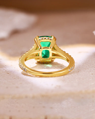 VERITY Double Claws Cushion Cut Emerald Hiden Halo Engagement Ring