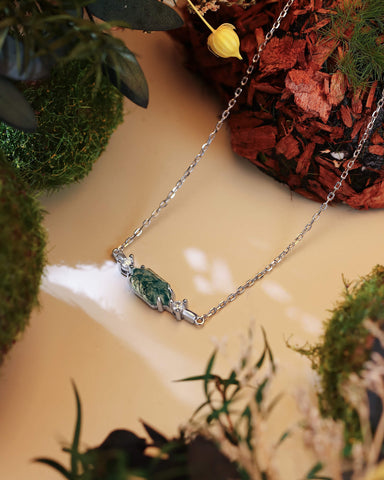 ROSEMARY Long Hexagon Moss Agate Geometric Necklace