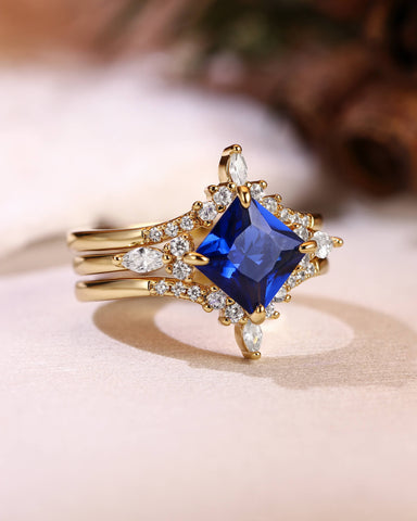 CECELIA Blue Sapphire Princess Cut Cluster Bridal Set 3pcs