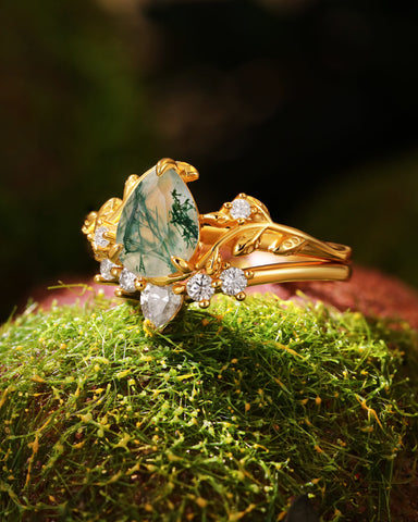LINSORO Pear Cut Moss Agate and Moissanite Wedding Ring Set Nature Inspired Bridal Ring Set