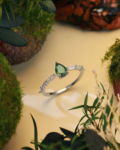 LYDIA Pear Moss Agate Marquise Engagement Ring