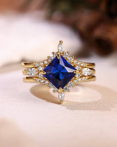 CECELIA Blue Sapphire Princess Cut Cluster Bridal Set 3pcs